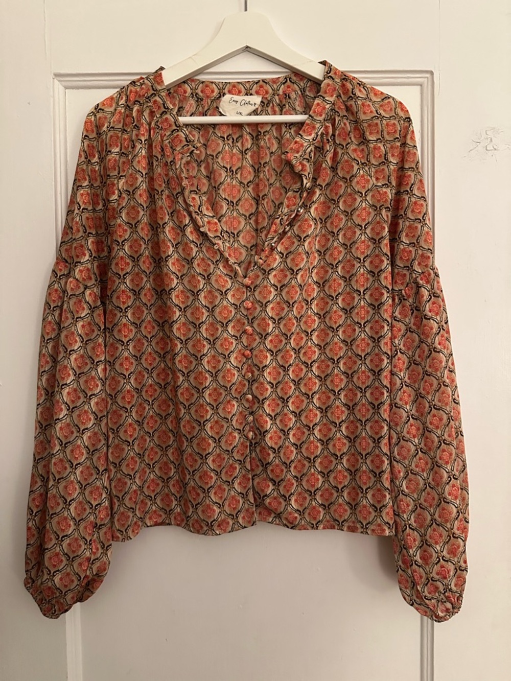 Orange Patterned Long-Sleeve V-Neck Blouse
